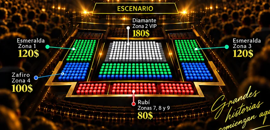 Mapa de la Sala Teatro: Diamante en la zona 2 frente al escenario, Esmeralda en las zonas 1 y 3, Zafiro en la zona 4 y Rubí en las zonas 7, 8 y 9